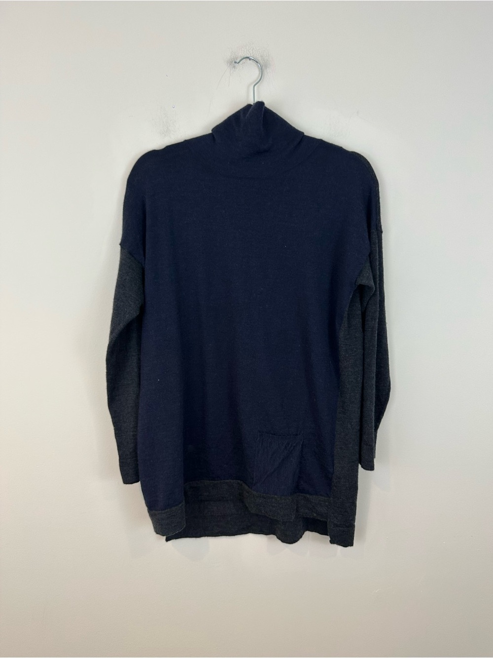 Eileen Fisher Navy and Charcoal Two-Tone Turtleneck Sweater Merino Wool Small